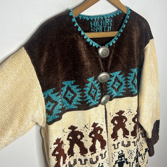 HILARY SMITH Southwestern Cowboy Chenille Tribal Cardigan Sweater Concho Buttons - Picture 7 of 15